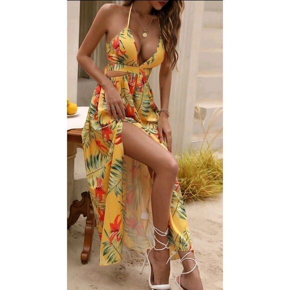 Women's Tropical Print Backless Knot Halter Neck Slit Thigh Dress Size S - Picture 6 of 8
